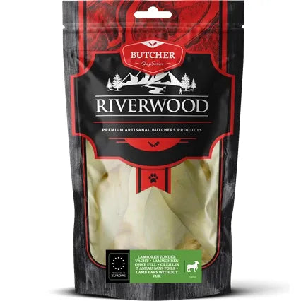 8-11-25 | Tyggeben til hunde | Lammeører uden pels | 100g | Riverwood Tyggeben