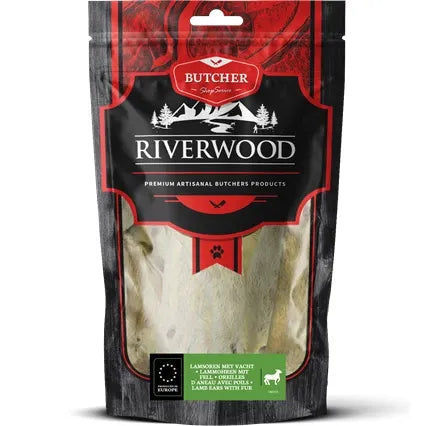 Tyggeben til hunde | Lammeører med pels | 100g | Riverwood Tyggeben