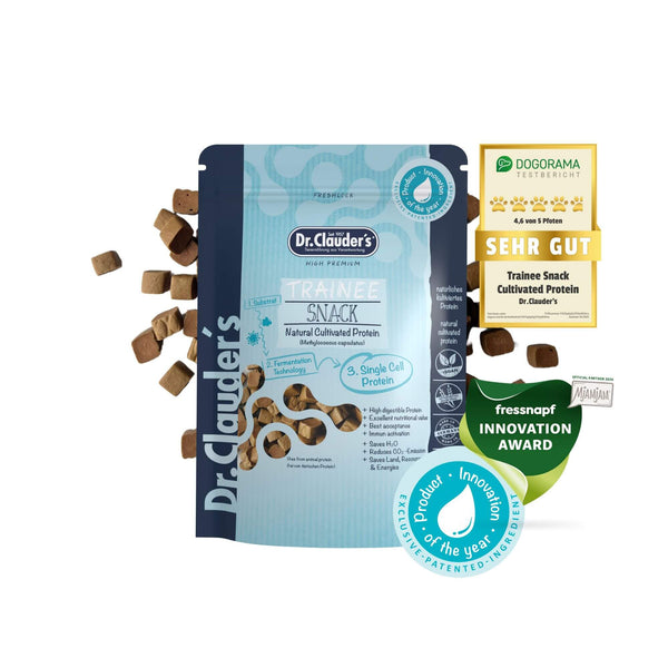 Dr.Clauder's Trainee Snack Cultivated Protein 80 g – snack med dyrket protein til hund og kat, med Fressnapf Innovation Award-segl